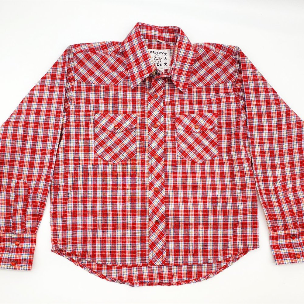 Krazy Kids Youth Red Plaid Long Sleeve Western Snap Down Shirt Medium